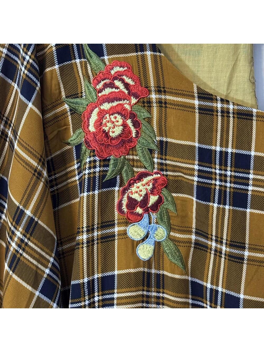 Hayden Mustard Plaid Dress with Floral Embroidery 2XL - Picture 4 of 6